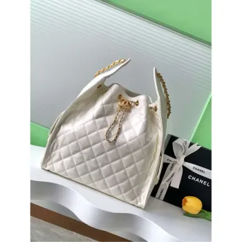 Chanel AS5311 Velká hobo lesklá jehněčí kůže & zlatý tón kovu bílá