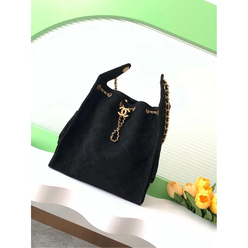 Chanel AS5311 Velká Hobo Suede & Zlatý kov Černá