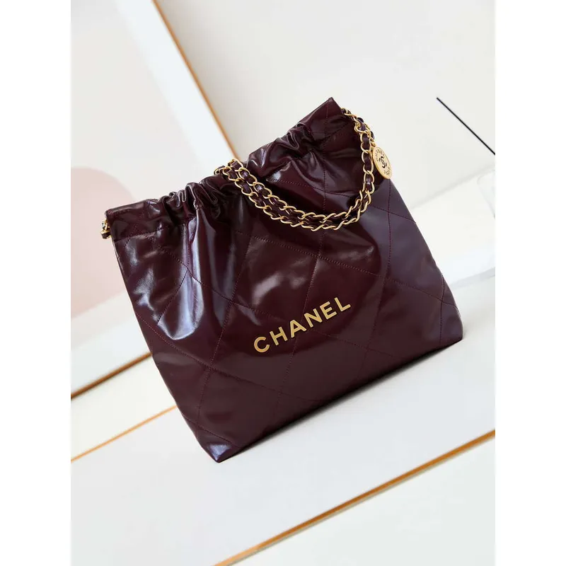 Chanel 22 AS3260 Malá Kabelka Lesklá Telecí Kůže Tmavě Červená Zlato