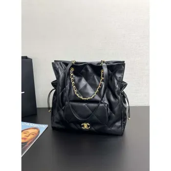 Chanel AS5315 Nákupní taška Lesklá jehněčí kůže & Zlatý tón kovu Černá