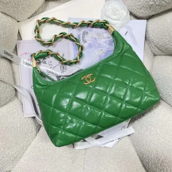 Chanel AS4912 Střední Hobo Lesklá jehněčí kůže & zlatý tón kovu zelená