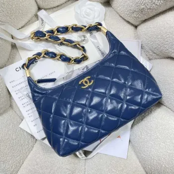 Chanel AS4912 Střední Hobo Lesklá jehněčí kůže & zlatý tón kovu námořnická modrá