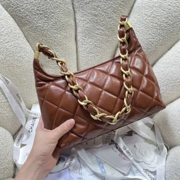 Chanel AS4912 Střední Hobo Lesklá jehněčí kůže & zlatý tón kovu hnědá