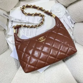 Chanel AS4912 Střední Hobo Lesklá jehněčí kůže & zlatý tón kovu hnědá