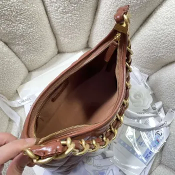 Chanel AS4912 Střední Hobo Lesklá jehněčí kůže & zlatý tón kovu hnědá