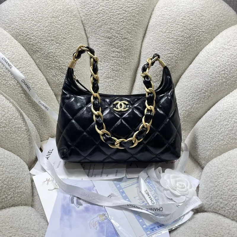 Chanel AS4912 Střední Hobo Lesklá jehněčí kůže & zlatý tón kovu černá