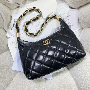 Chanel AS4912 Střední Hobo Lesklá jehněčí kůže & zlatý tón kovu černá