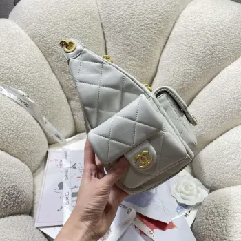 Chanel AS5302 Hobo Lesklá jehněčí kůže & zlatý tón kovu šedá
