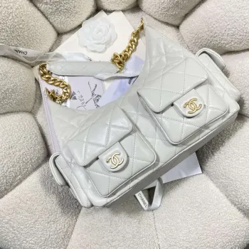 Chanel AS5302 Hobo Lesklá jehněčí kůže & zlatý tón kovu šedá