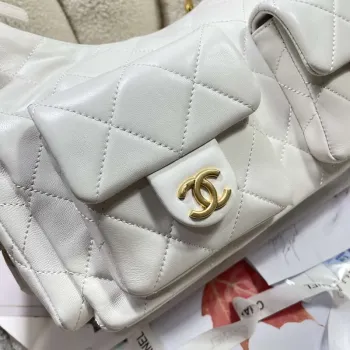 Chanel AS5302 Hobo Lesklá jehněčí kůže & zlatý tón kovu bílá