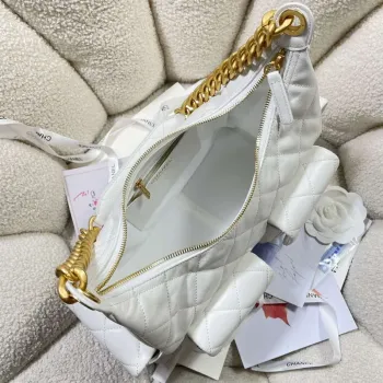 Chanel AS5302 Hobo Lesklá jehněčí kůže & zlatý tón kovu bílá