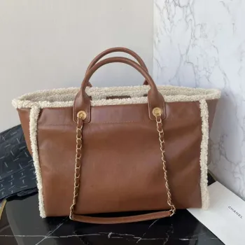 Chanel A66941 Velká taška TOTE z jehněčí kůže a zlatého kovu, hnědá a béžová