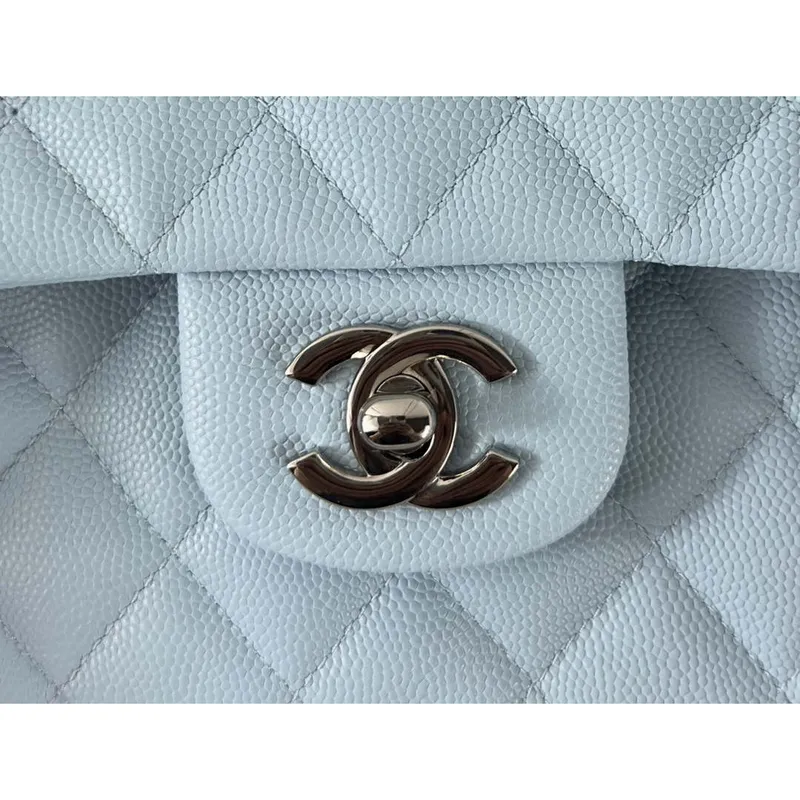 Chanel A01112 Klapková klasická kabelka 11.12 z telecí kůže & stříbrného tónu kovu jezero modrá