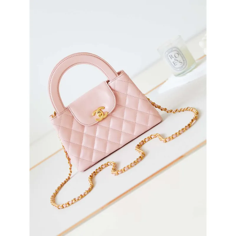 Chanel AS4416 Mini nákupní taška z lesklé staré telecí kůže, zlatý kov, světle růžová