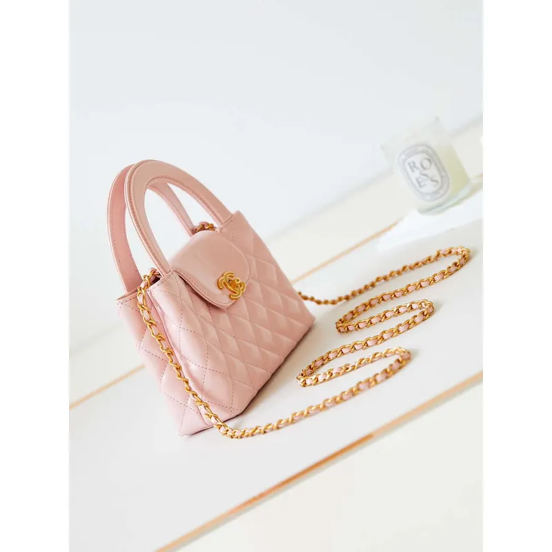 Chanel AS4416 Mini nákupní taška z lesklé staré telecí kůže, zlatý kov, světle růžová