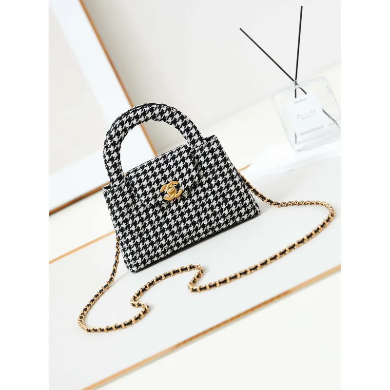 Chanel AS4416 Mini Nákupní Taška Houndstooth tkanina & Zlatý kov Bílá a Černá
