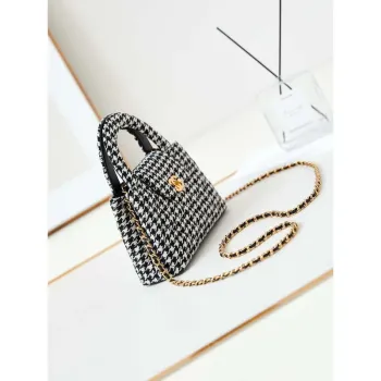 Chanel AS4416 Mini Nákupní Taška Houndstooth tkanina & Zlatý kov Bílá a Černá