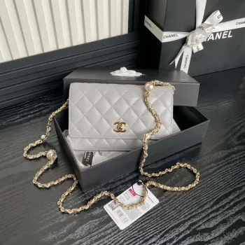 Chanel AP4282 19 Peněženka na řetízku Lesklá jehněčí kůže  Imitace perel a zlatý kov Šedá