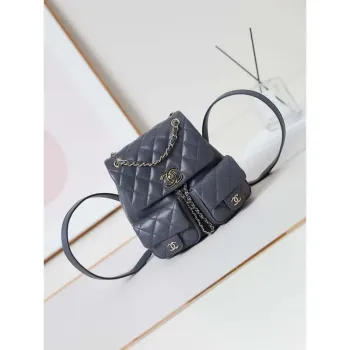 Batoh Chanel AS3860 z lesklé telecí kůže se zrnitým povrchem, zlatá šedá