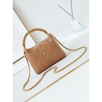 Chanel AS4189 Hobo pletená s horním uchem Lesklá jehněčí kůže a zlatý kov Hnědá