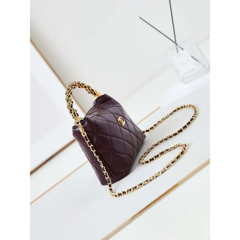 Chanel AS4189 Hobo pletená s horním uchem Lesklá jehněčí kůže a zlatý kov Víno červená