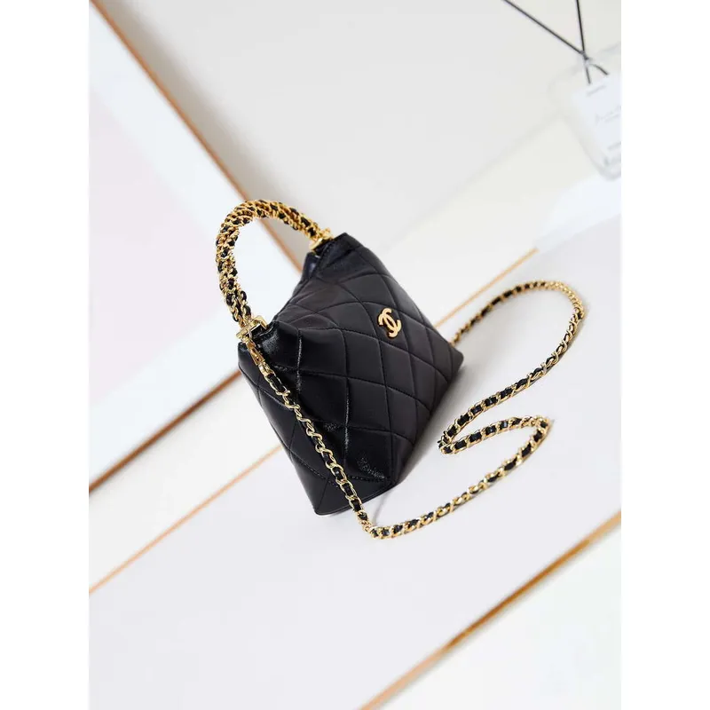 Chanel AS4189 Hobo pletená s horním uchem Lesklá jehněčí kůže a zlatý kov Černá