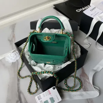 Chanel AS4109 Mini taška s klopou a horním uchem Lesklá jehněčí kůže a zlatý kov Zelená