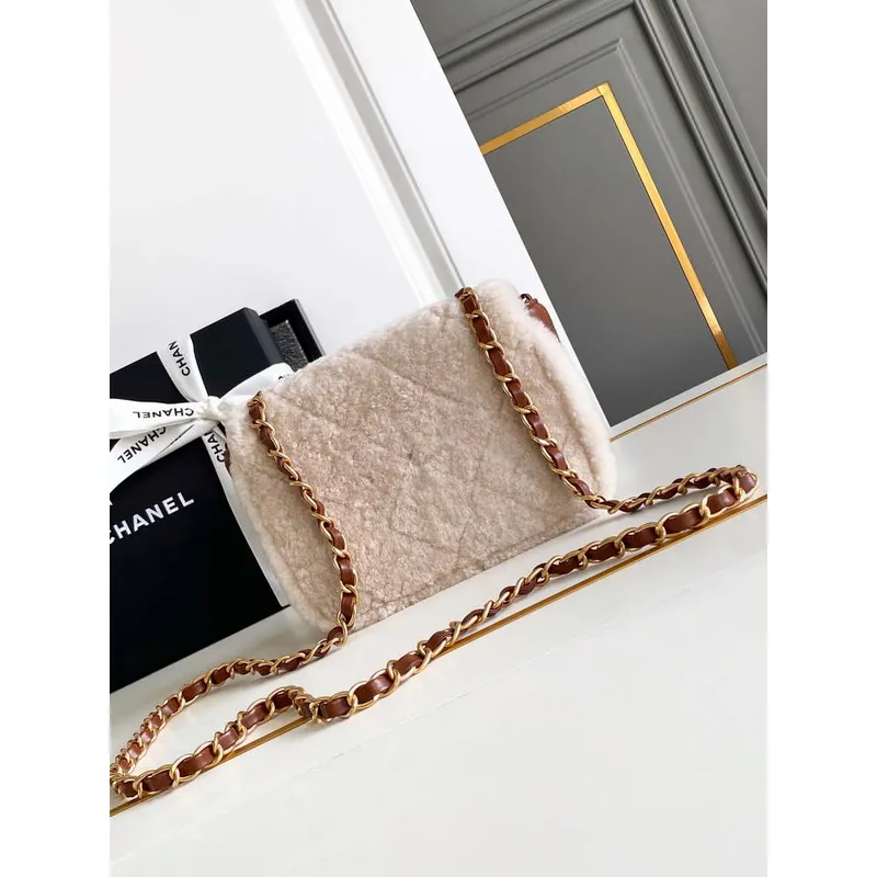 Chanel AS5148 Mini taška s klopou z jehněčí kůže a zlatého kovu, béžová a hnědá