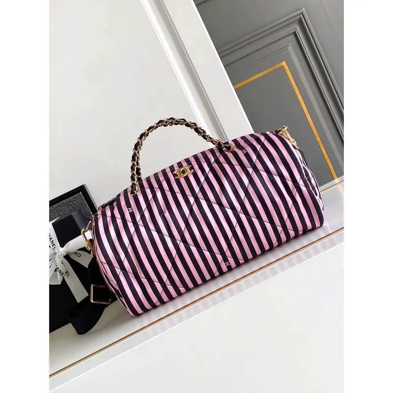 Chanel AS4696 Velká taška typu bowling z potištěné látky a zlatého kovu, černá a růžová