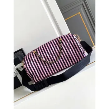 Chanel AS4696 Velká taška typu bowling z potištěné látky a zlatého kovu, černá a růžová