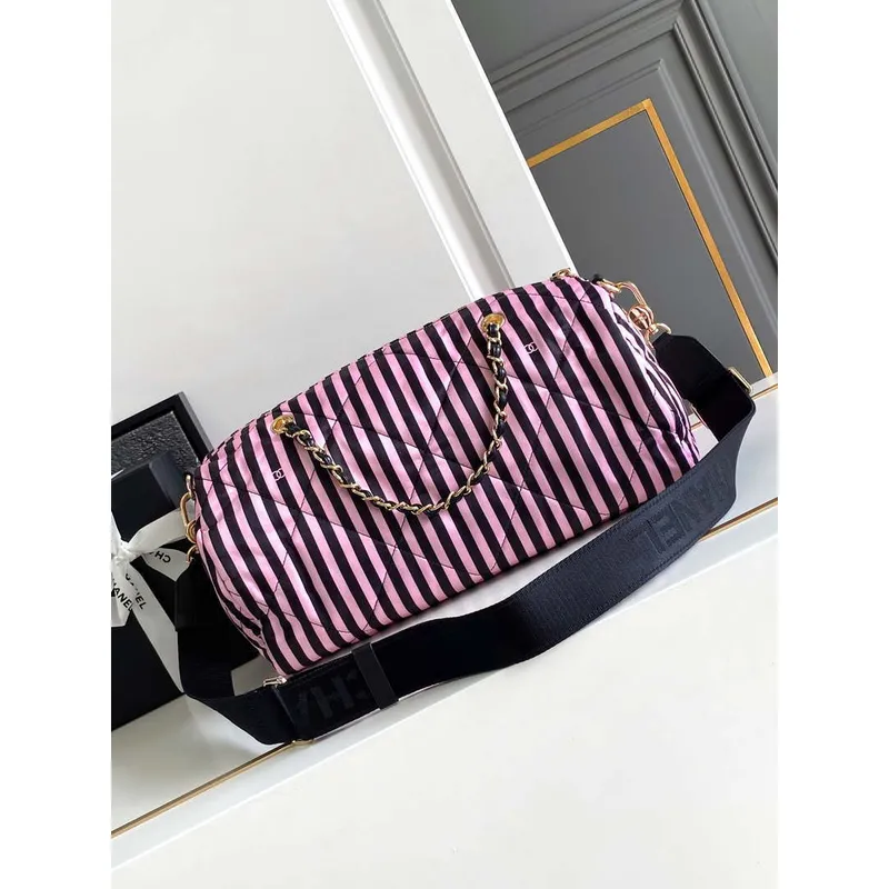 Chanel AS4696 Velká taška typu bowling z potištěné látky a zlatého kovu, černá a růžová