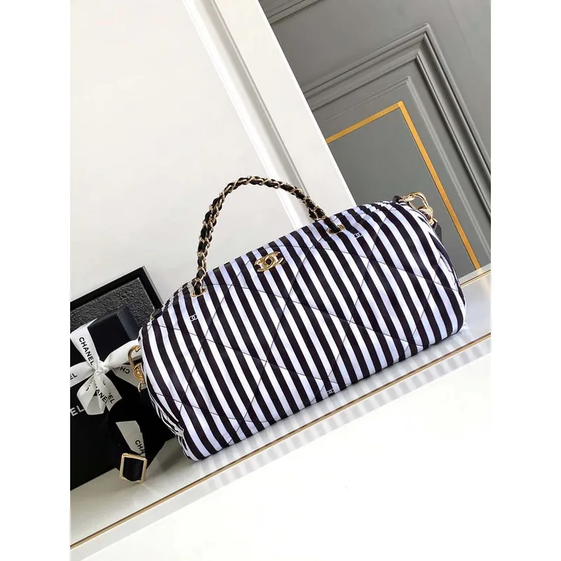 Chanel AS4696 Velká taška typu bowling z potištěné látky a zlatého kovu, bílá a černá