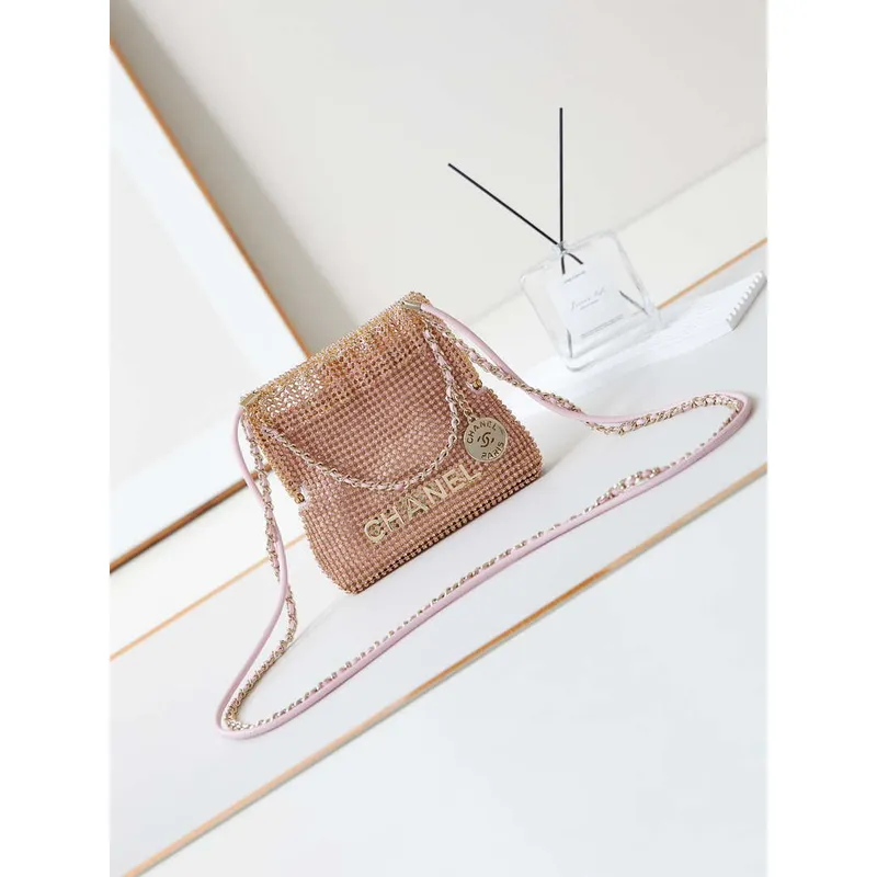 Chanel AS4894 Mini kabelka 22 večerní kabelka Strass & Gold Tone Metal Light Pink