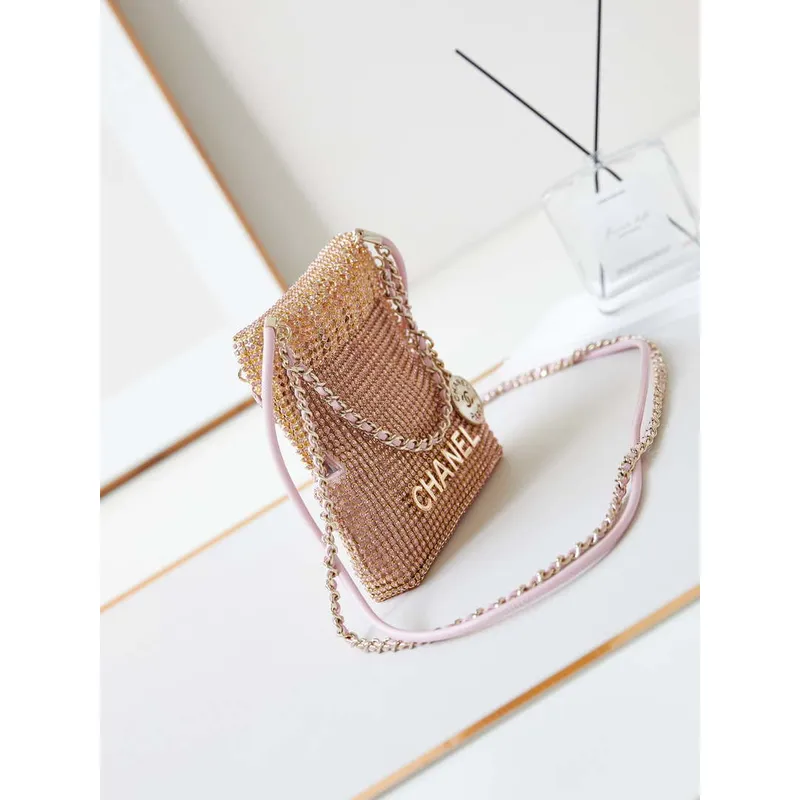 Chanel AS4894 Mini kabelka 22 večerní kabelka Strass & Gold Tone Metal Light Pink