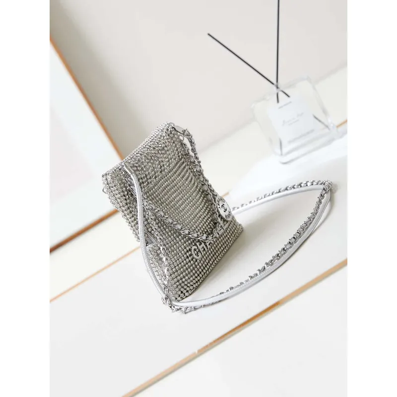 Chanel AS4894 Mini kabelka 22 taška večerní taška Strass Silver Tone Metal Silver