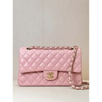 Chanel A01112 Klopová klasická kabelka 11.12 Jehněčí kůže a zlatý kov Třešňově růžová