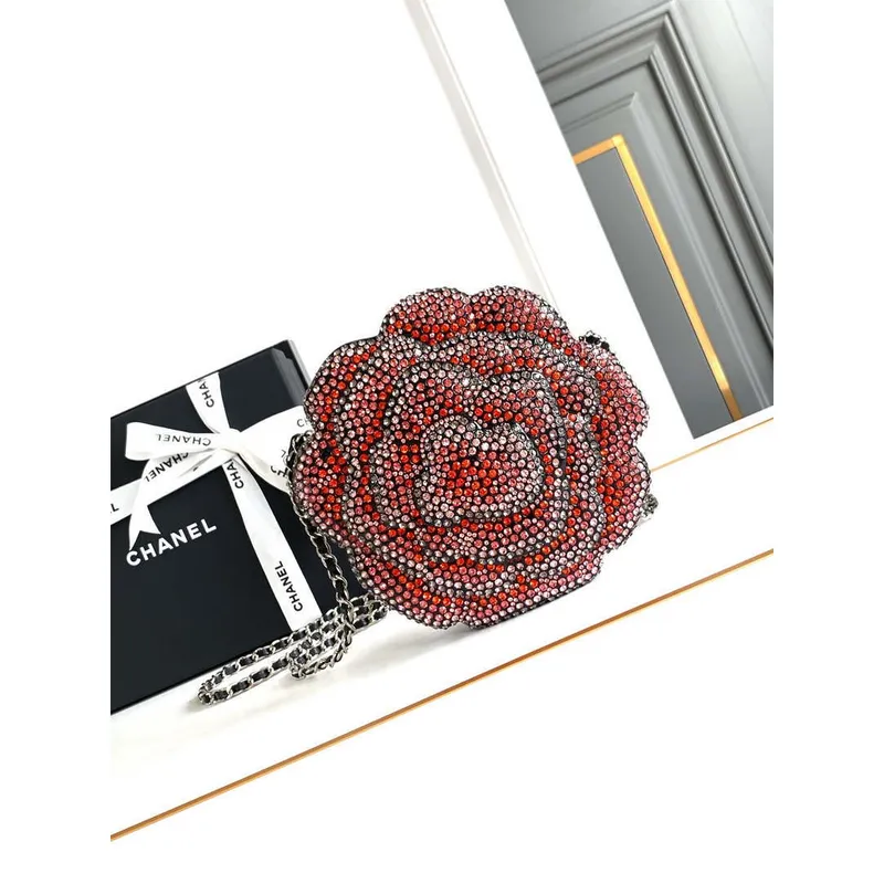 Chanel AS3548 Večerní Blingbling kulatá krabička Camellia vínově červená