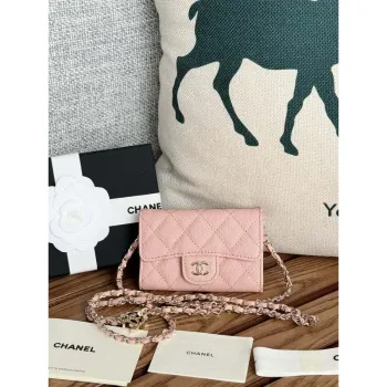 Chanel A81081 Peněženka na řetízku z lesklé telecí kůže, růžová