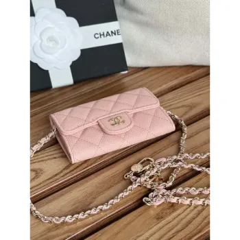 Chanel A81081 Peněženka na řetízku z lesklé telecí kůže, růžová