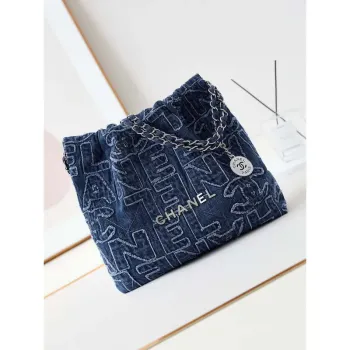 Chanel 22 AS3260 Malá kabelka 24A Denim vyšívaná a stříbrná kovová