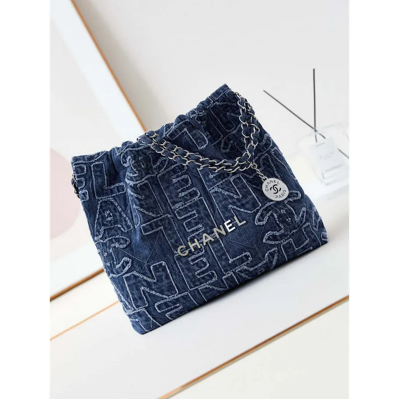 Chanel 22 AS3260 Malá kabelka 24A Denim vyšívaná a stříbrná kovová