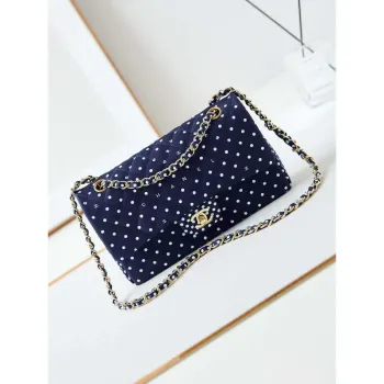 Chanel A01112 Modrá látka s klopou s potiskem bílých kapek deště