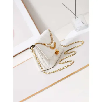 Chanel AS5011 Kabelka s klopou Lesklá jehněčí kůže Imitace perel a zlatý kov Bílá