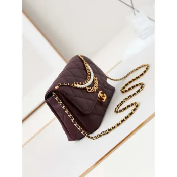 Chanel AS5011 Kabelka s klopou Lesklá jehněčí kůže Imitace perel a zlatý kov Víno červená