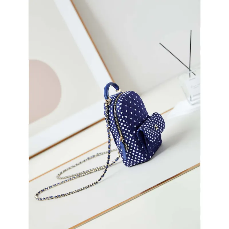 Chanel Ap3753 CLASSIC MINI Batoh Tweed & Gold Tone Metal Modrá bílá