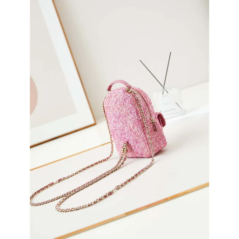 Chanel Ap3753 CLASSIC MINI Batoh Tweed & Zlatý kov Světle růžový