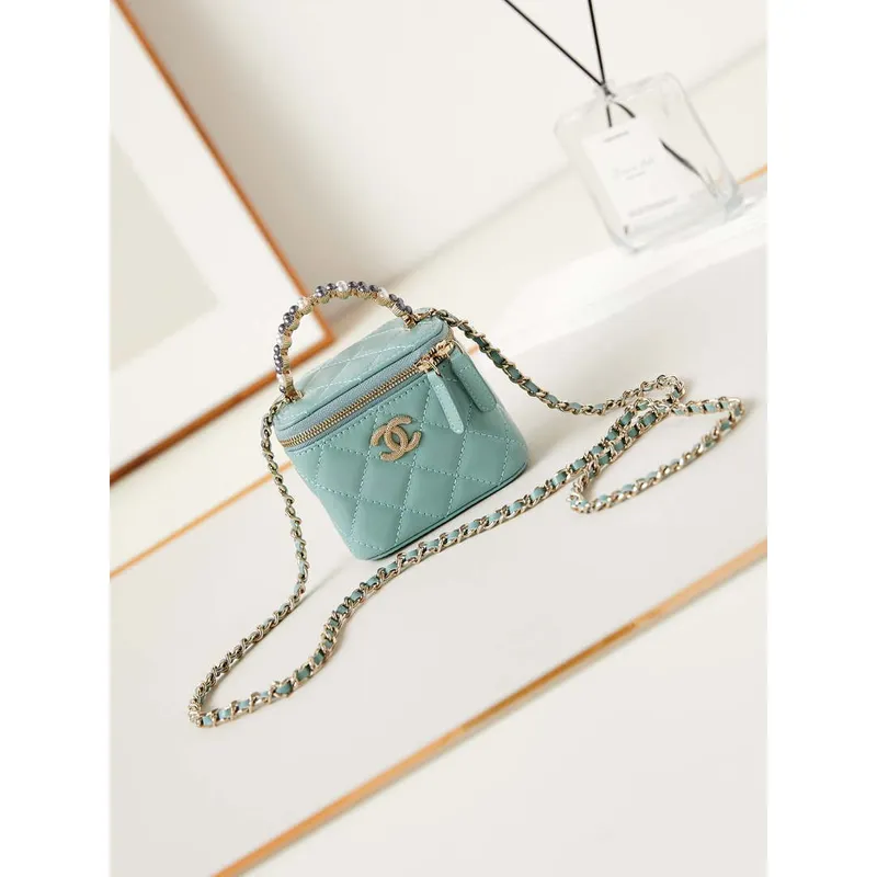 Chanel AP3805 Mini Clutch Lambskin Vanity Box taška s perlovou rukojetí, zelená
