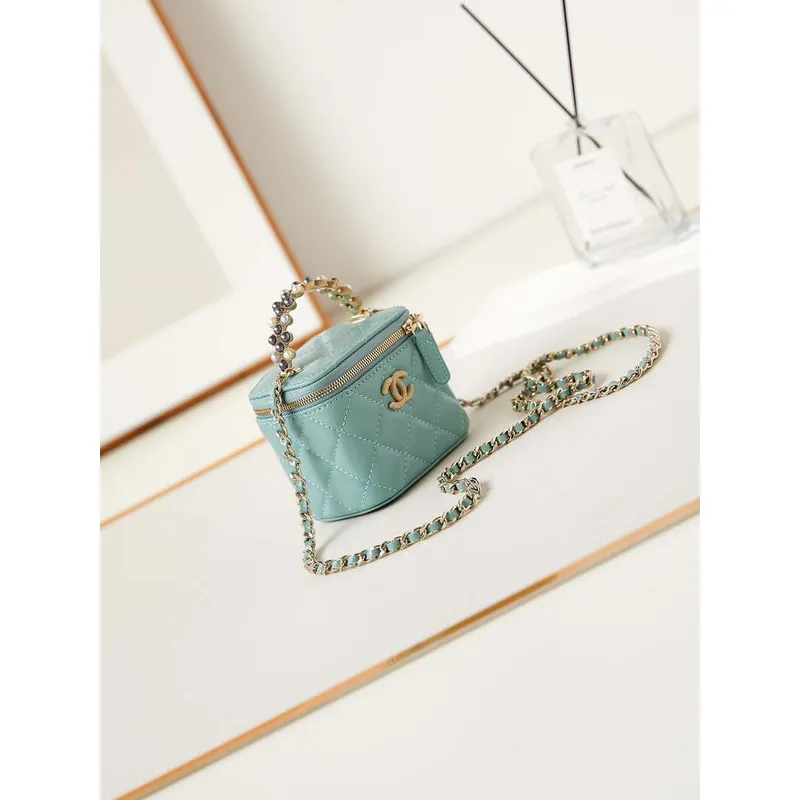 Chanel AP3805 Mini Clutch Lambskin Vanity Box taška s perlovou rukojetí, zelená