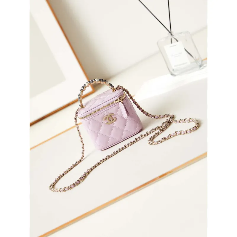 Chanel AP3805 Mini kabelka Lambskin Vanity Box s perlovou rukojetí, růžová