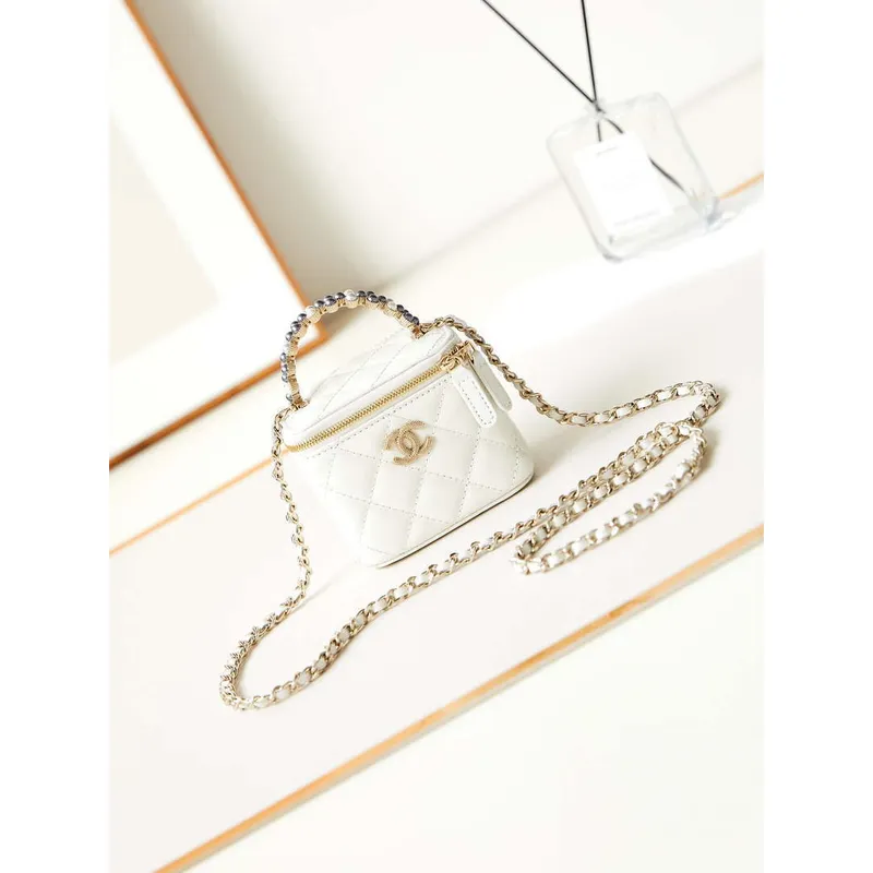 Chanel AP3805 Mini Clutch Lambskin Vanity Box taška s perlovou rukojetí, bílá